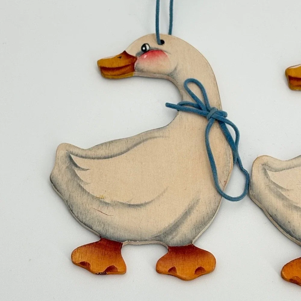 Vintage Country Goose Ornaments Set of 3 Wooden Blue Ribbon Grandmacore Handmade